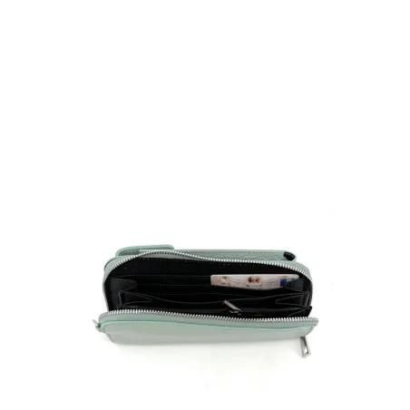 Etui téléphone portable tendance femme en cuir grainé porté bandoulière et main vert d’eau mini sac pochette