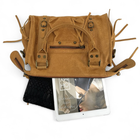 sac a main mode femme en cuir brossé italien pur de vachette marron camel