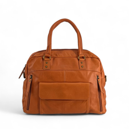 Sac bowling marron cognac en cuir lisse pour femme fabriqué en Italie