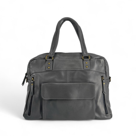 sac à main bowling pour femme gris foncé en cuir pur vachette italien lisse