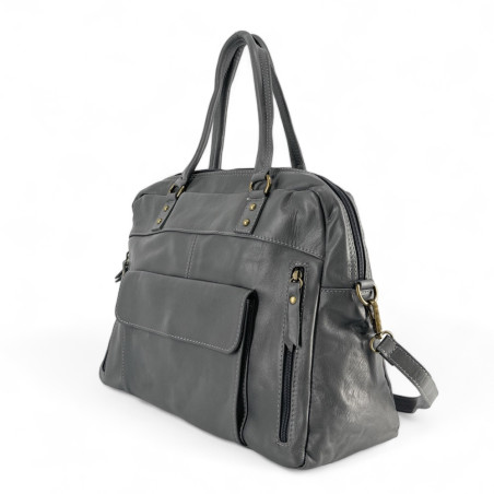 sac femme forme bowling en cuir lisse italien pur de vachette gris foncé