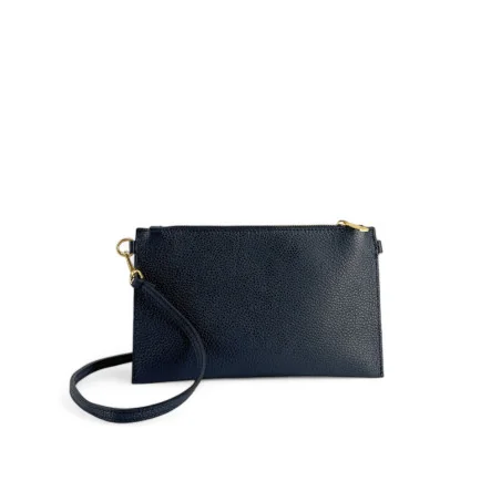 Trousse pochette en cuir avec porte-carte femme avec bandoulière amovible bleu marine
