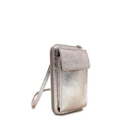 Petite pochette femme en cuir grainé avec bandoulière pur de vachette haut de gamme couleur champagne