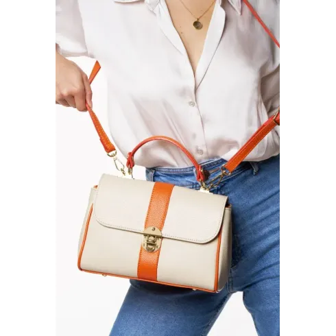 sac à main beige et orange en cuir bicolore pour femme pur de vachette italien