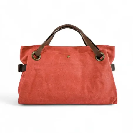 Sac week-end tendance en cuir et toile rose saumon avec bandoulière
