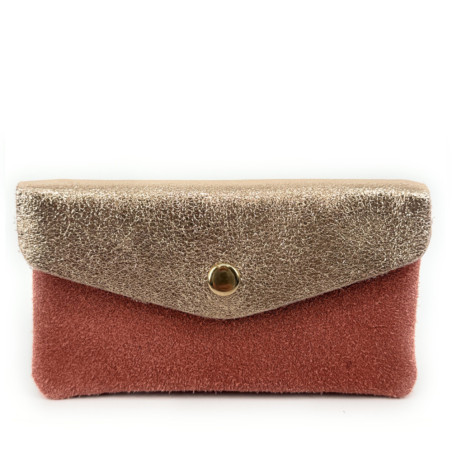 Pochette porte-monnaie tendance femme en daim et cuir brillant corail champagne