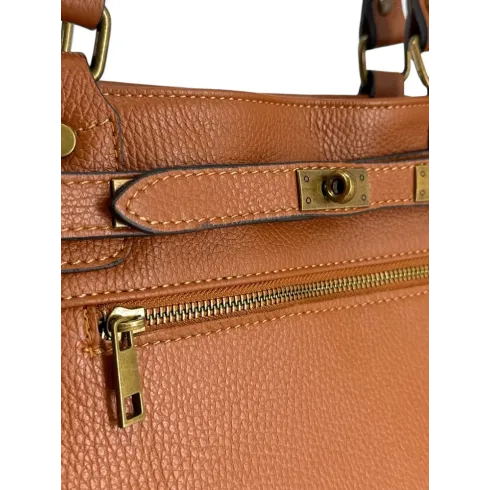 Sac cabas en cuir grainé pur vachette italien camel avec bandoulière