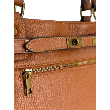 Sac cabas en cuir grainé pur vachette italien camel avec bandoulière