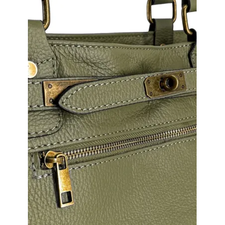 cabas femme en cuir italien grainé vert kaki avec bandoulière amovible