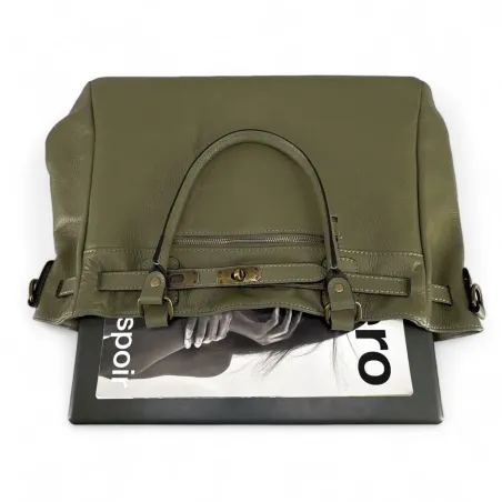 grand sac à main femme en cuir grainé couleur kaki pur vachette italien
