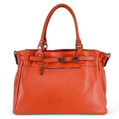 grand sac à main femme en cuir couleur mandarine pur vachette italien grainé