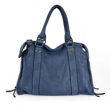 Sac de rentrée femme tendance en cuir italien pur cuir de vachette porté main et bandoulière bleu jeans