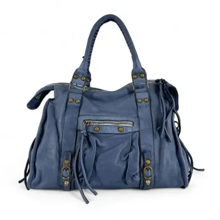 Sac à main tendance femme en cuir vintage italien porté main épaule et bandoulière bleu jeans