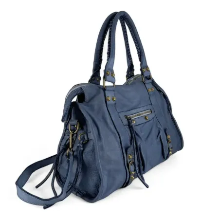 Sac à main haut de gamme femme en cuir porté épaule avec bandoulière amovible bleu jeans sac de rentrée