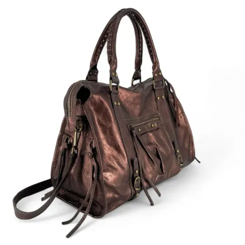 sac à main métallisé en cuir pur de vachette femme fabriqué en Italie