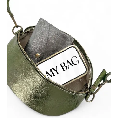 sac banane femme mode en cuir pur vachette italien métallisé bleu foncé
