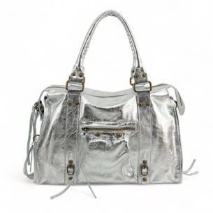 sac à main femme argenté en cuir pur de vachette italien avec bandoulière