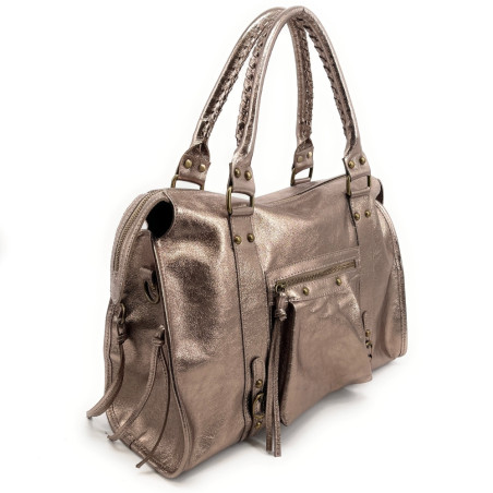 sac à main tendance pour femme en cuir pur vachette champagne  brillant