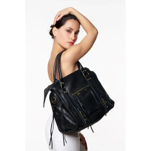 sac à main tendance en cuir noir italien brossé pur de vachette pour femme