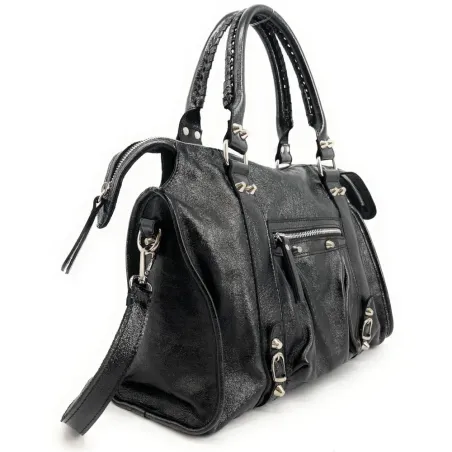 sac à main tendance femme avec bandoulière en cuir noir métallisé italien