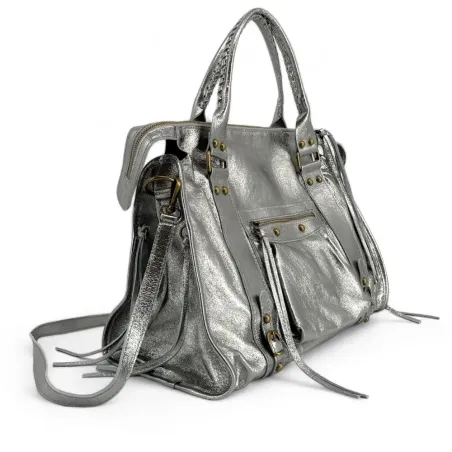grand sac en cuir gris brillant pour femme tendance avec bandoulière