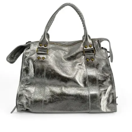 sac de rentrée tendance pour femme en cuir gris métallisé