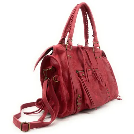sac à main rouge clair pour femme en cuir italien pur de vachette brossé