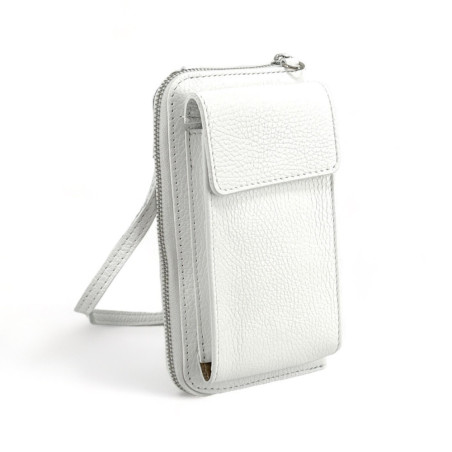 Pochette étui téléphone portable tendance  femme en cuir italien grainé porté main et bandoulière blanc