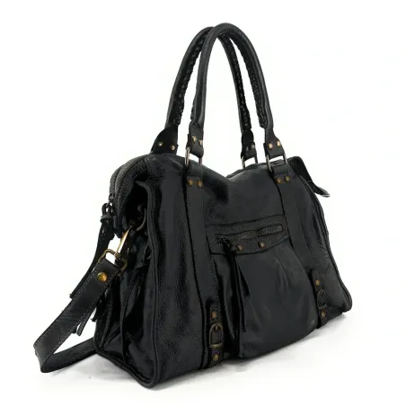Sac tendance femme avec bandoulière amovible en cuir souple vintage noir