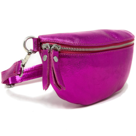 Sac banane tendance femme en cuir italien irisé porté à la taille avec bandoulière amovible rose fuchsia irisé