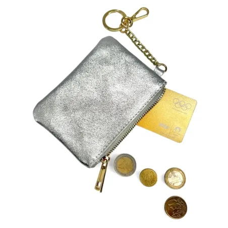 Porte-monnaie porte clés en cuir irisé argent fabriqué en Italie pour femme