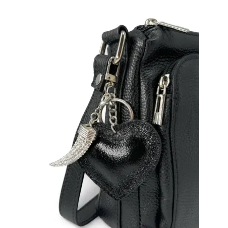 porte clé charm coeur pour sac à main en cuir noir irisé