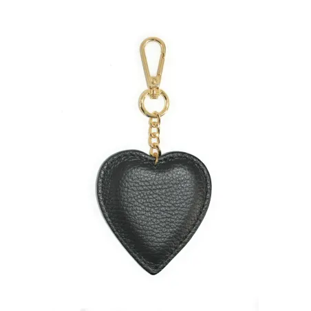 bijou de sac porte-clés coeur noir en cuir grainé avec chaînette dorée