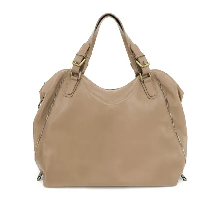 Sac à main hobo femme tendance en cuir lisse porté épaule et bandoulière taupe clair