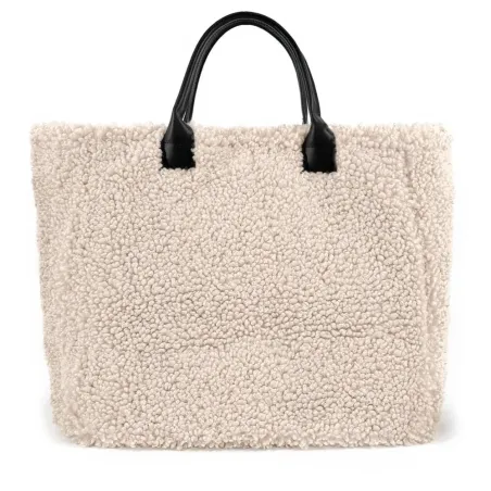 sac cabas peluche beige et anse en cuir pour femme tendance
