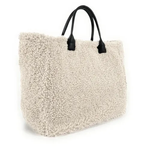 sac à main fourre-tout fluffy très tendance beige avec anse en cuir