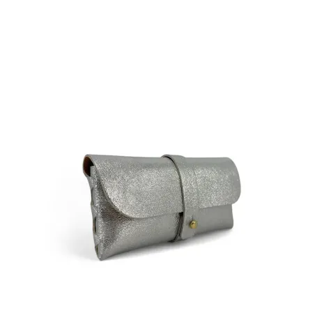 etui a lunettes en cuir pur vachette italien argent métallisé pour femme