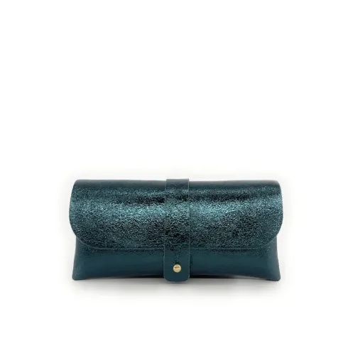 etui a lunettes élégant en cuir de vachette italien brillant bleu canard pour femme