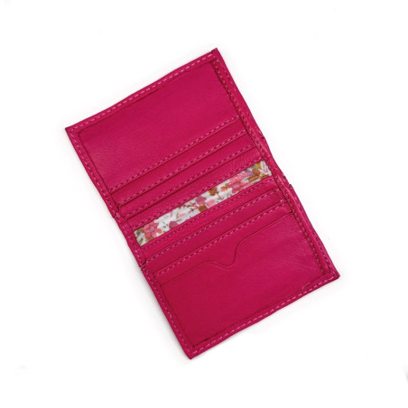 porte-carte multipoche pour femme rose fuchsia en cuir lisse italien pur de vachette souple
