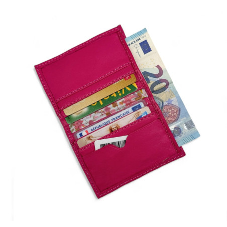 porte-carte mode en cuir lisse italien pur vachette souple rose fuchsia pour femme