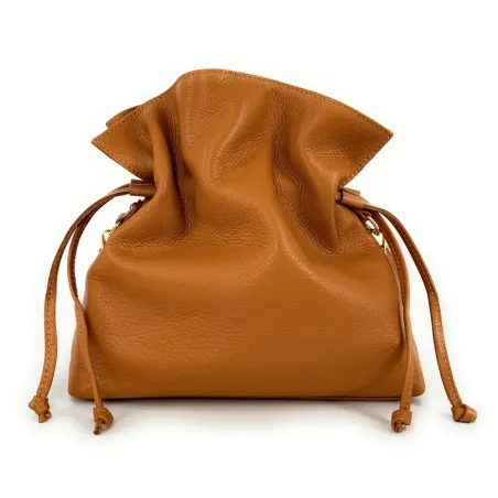 sac à main seau marron camel en cuir grainé pur vachette pour femme avec bandoulière