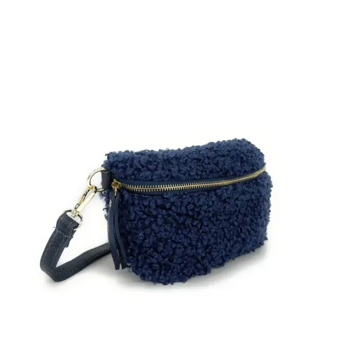 sac banane tendance femme bleu moyen en tissu peluche avec bandoulière amovible