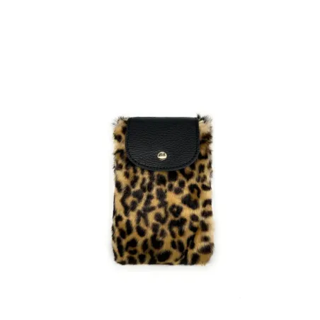 étui téléphone femme en fausse fourrure et cuir noir mode motif léopard avec bandoulière