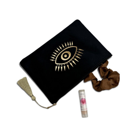 trousse pochette pour femme en velours noir à motif doré