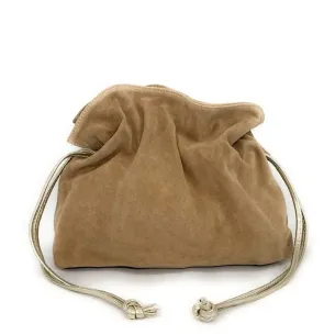 Sac bourse en cuir nubuck tendance femme marron taupe clair