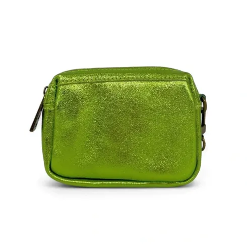 porte-monnaie trousse pour femme avec dragonne en cuir vert anis métallisé