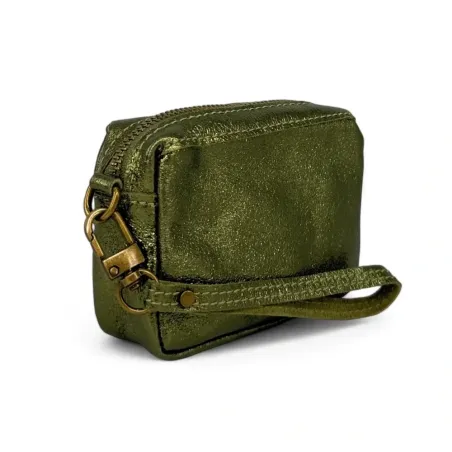 porte-monnaie avec dragonne en cuir irisé fabriqué en Italie vert kaki