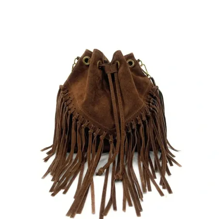 sac seau pour femme en cuir nubuck pur de vachette italien camel à franges