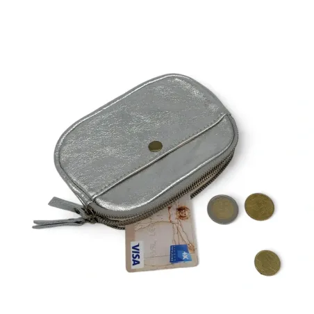 trousse porte-monnaie en cuir brillant couleur argent pour femme
