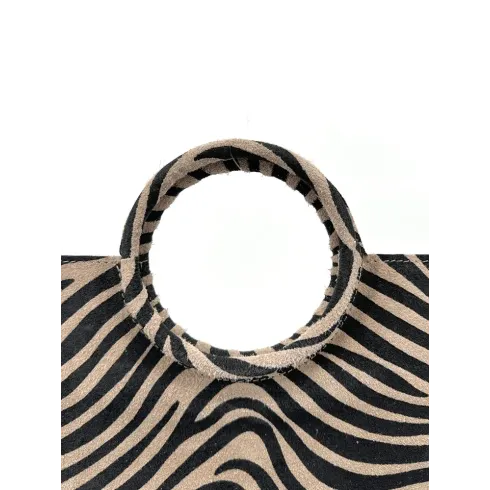 sac à main taupe avec bandoulière amovible en cuir nubuck avec pochette imprimé zèbre